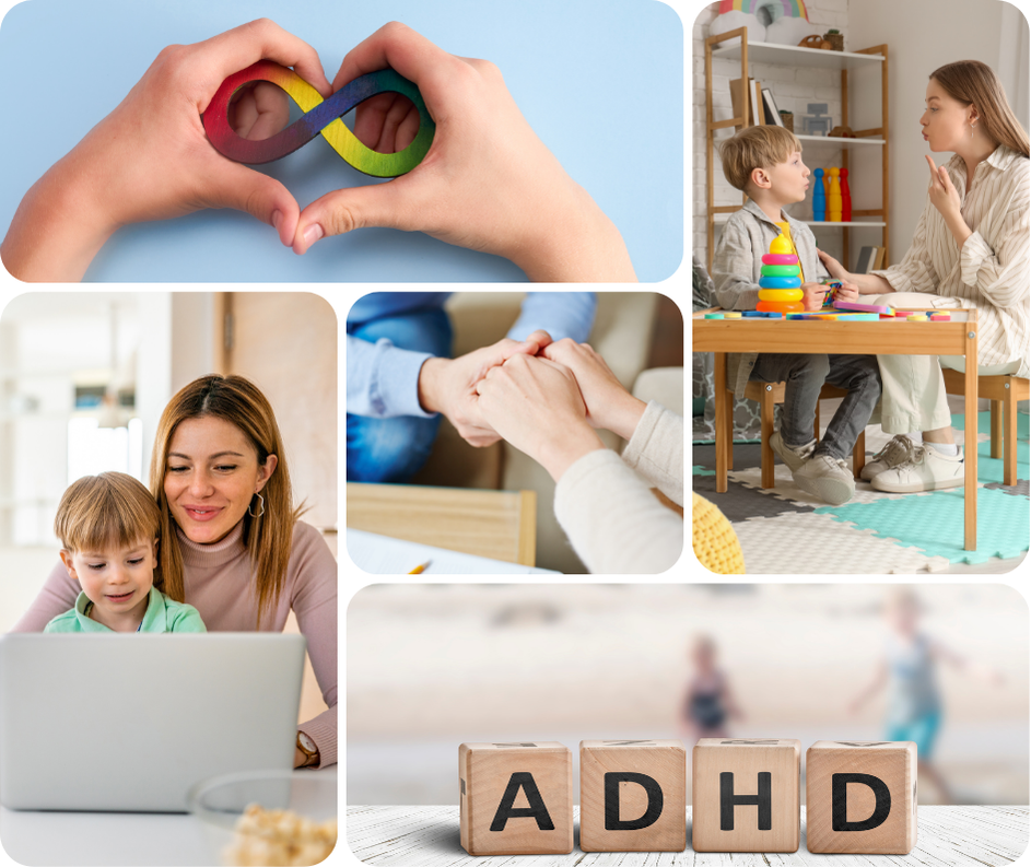 Collage of different images to represent Neurodivergence and ADHD